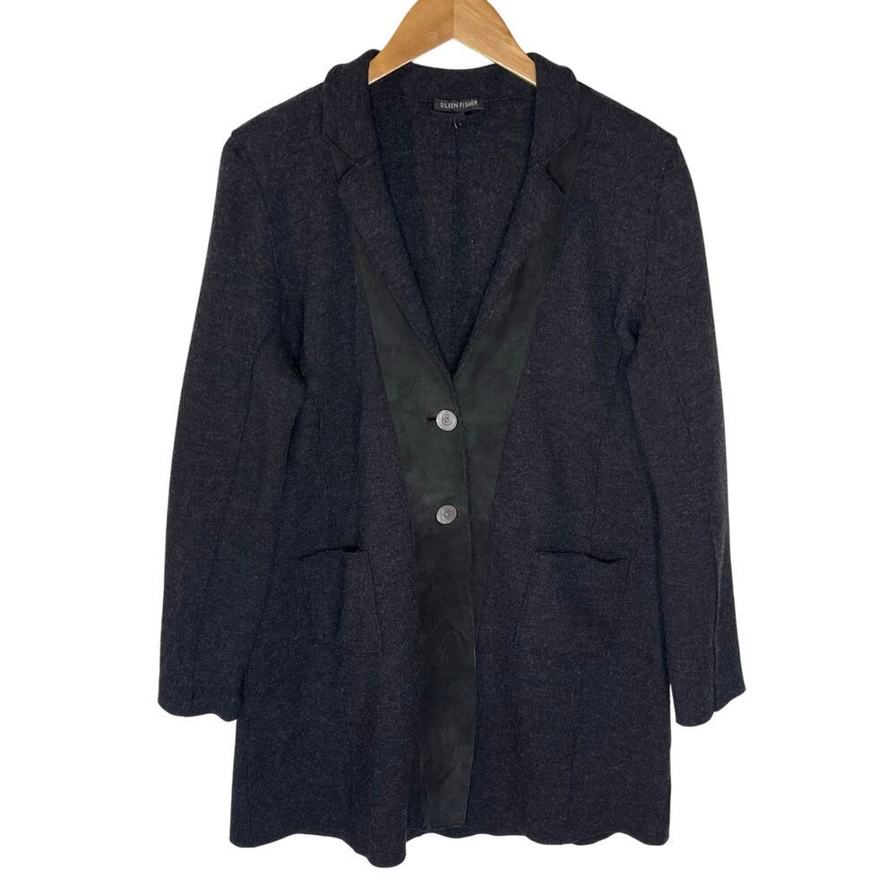 EILEEN FISHER Women’s Leather Trimmed Boiled Wool Double Button Trench